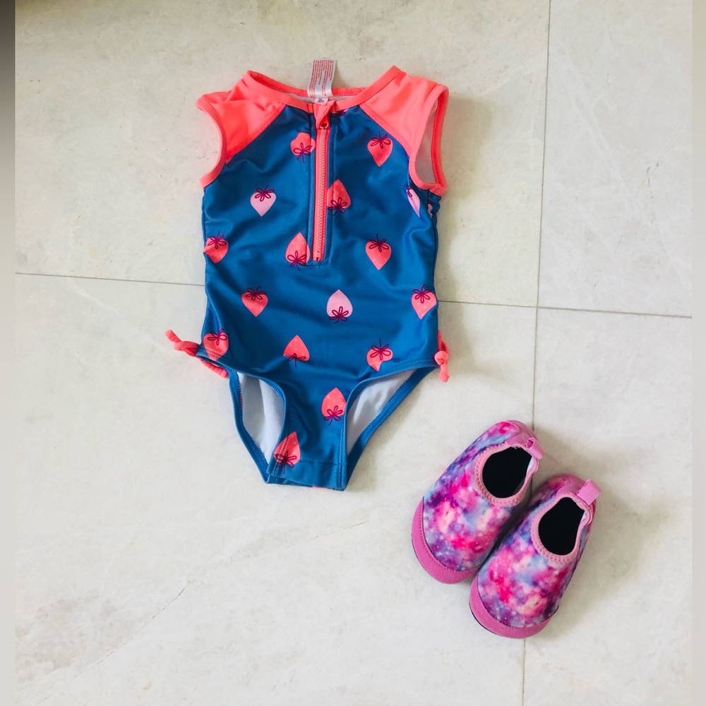 Toddler Blue & Neon Pink Heart One-Piece Swimsuit with water shoes
